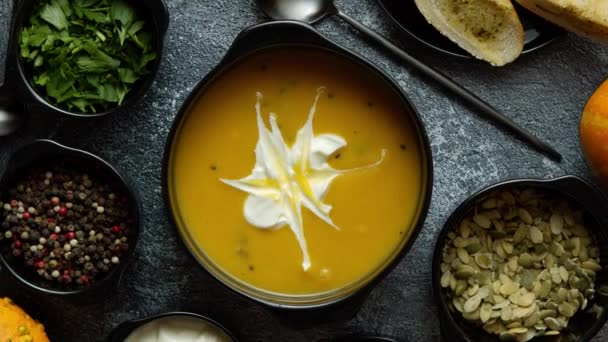 Homemade Pumpkin Soup Cream Sides Top View Image Stone Table — Videoclip de stoc