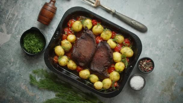 Tasty Roasted Duck Goose Breast Served Baked Potatoes Cherry Tomatoes — Vídeo de Stock