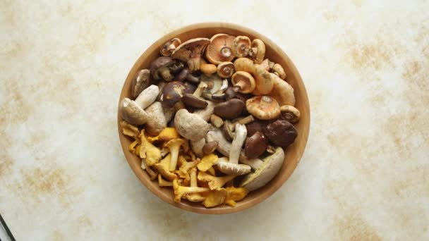 Various Kinds Assorted Raw Mushrooms Placed Wooden Bowl Top View — Αρχείο Βίντεο