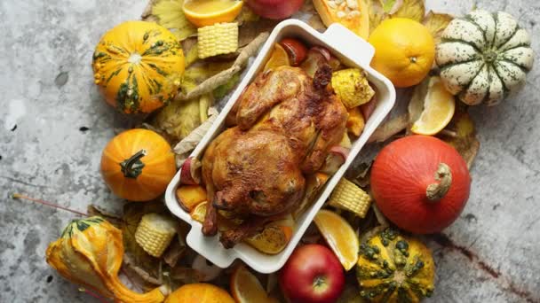Roasted Turkey Chicken Thyme Served Black Baking Dish Potatoes Pumpkins — Αρχείο Βίντεο