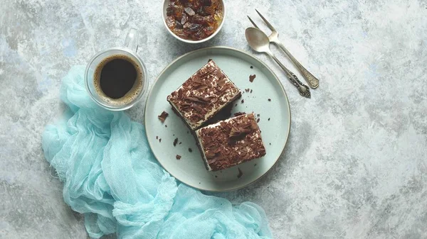 Delicious Chocolate Layered Cake Served Plate Black Cofee Table Light — Stockfoto