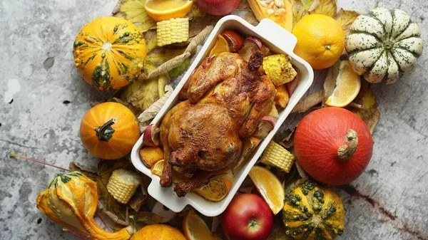 Roasted Turkey Chicken Thyme Served Black Baking Dish Potatoes Pumpkins — Photo