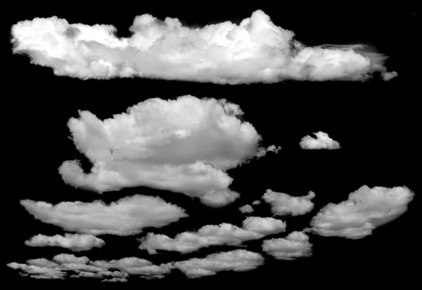 Набір ізольованих хмар над чорним . Стокове Зображення