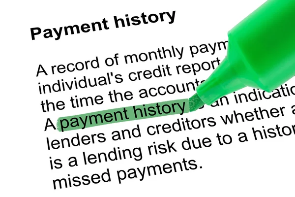 Highlighted words payment historywith green pen — Stock Photo, Image