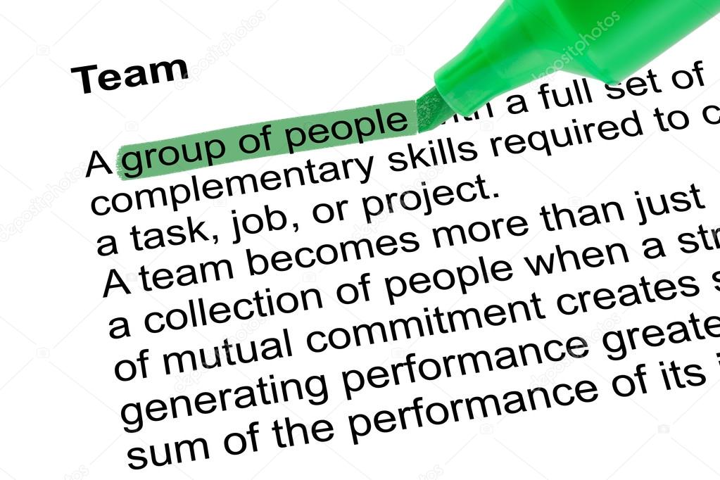 Highlighted word group of people for Team with green pen.