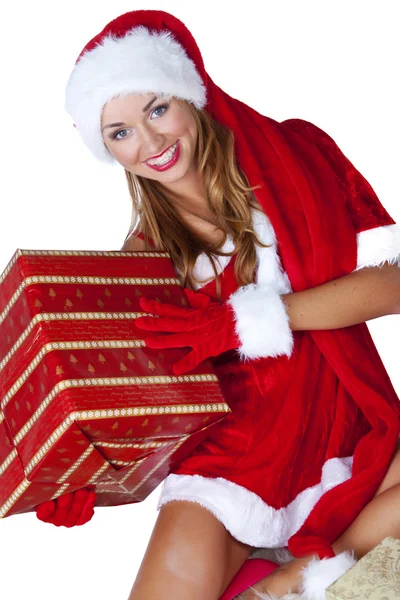 Beautiful sexy girl wearing santa claus clothes with christmas g — Stock Photo, Image