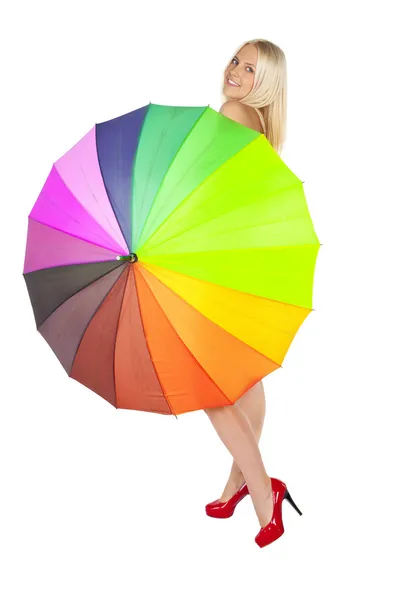 Jonge vrouw met kleurrijke paraplu naakte — Stockfoto