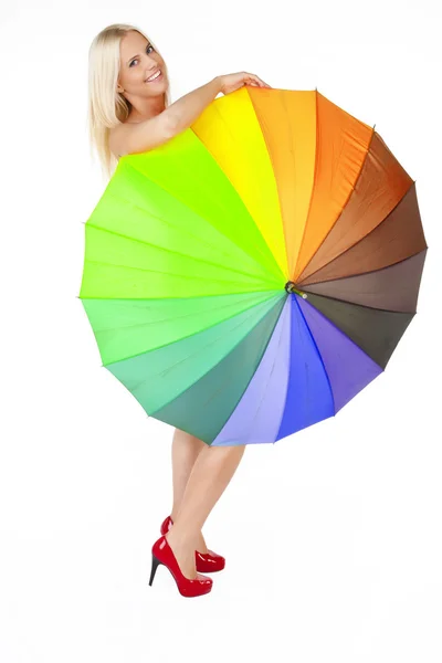 Beautiful blond woman with umbrella — Stock Photo, Image