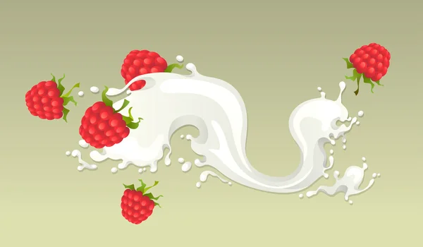 Milk splash with raspberries — Stock Vector