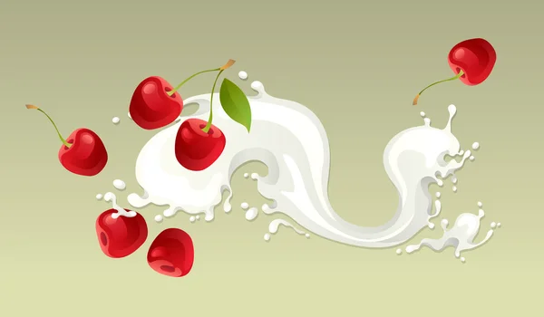 Salpicadura de leche con cereza — Vector de stock