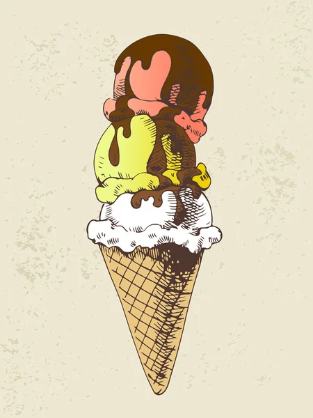 Ice cream scoops on cone with chocolate topping Royalty Free Stock Vectors