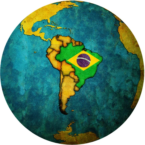 Brazil flag on globe map — Stock Photo, Image