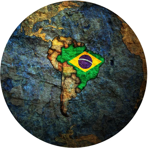 Brazilië vlag op globe kaart — Stockfoto