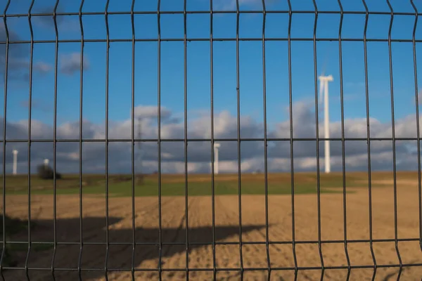 Rural Landscape Field Wind Turbines Metal Fence — Stock Photo, Image