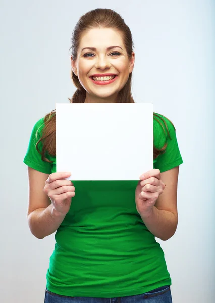 Girl student hold white blank board. White background young wom — Stock Photo, Image