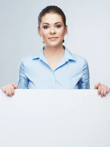 Zakenvrouw, leeg bord geïsoleerd portret . — Stockfoto