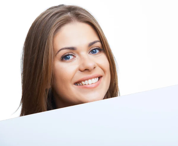 Mujer mostrando letrero en blanco — Foto de Stock