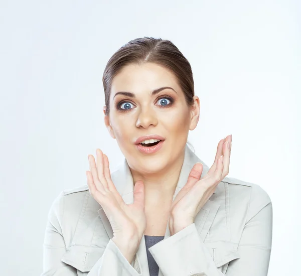 Happy business woman portrait isolated on white — Stok fotoğraf