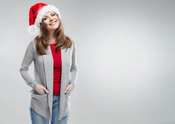 Weihnachten Weihnachtsmann Hut isoliert Frauenporträt. — Stockfoto