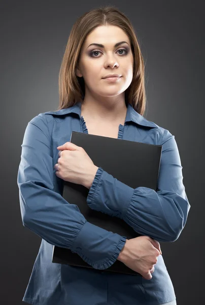 Joven mujer banco empleado retrato en gris —  Fotos de Stock