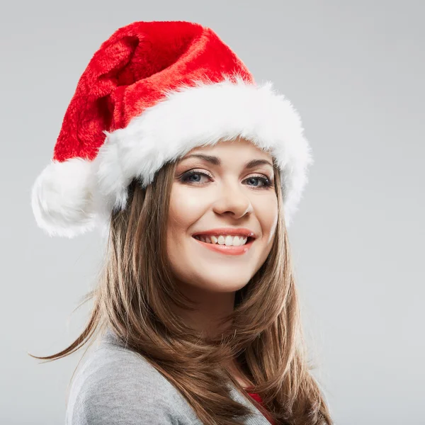 Christmas santa hat geïsoleerde vrouw portret. — Stockfoto