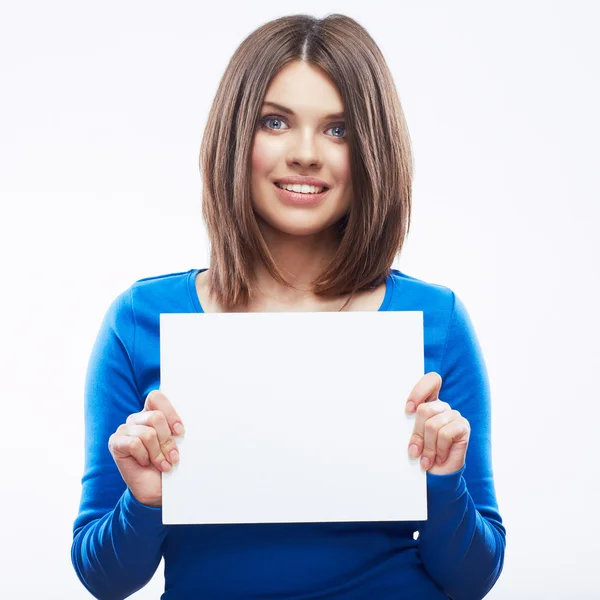 Mujer estudiante hold blanco blanc tarjeta — Foto de Stock