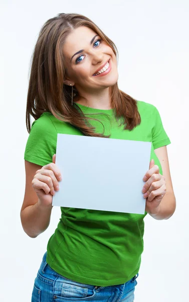 Mujer sosteniendo tarjeta blanca —  Fotos de Stock