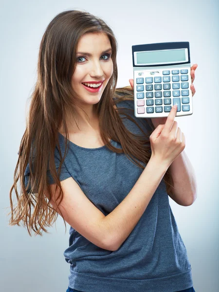 Isolated woman hold count machine. Isolated female portrait. — Stock Photo, Image