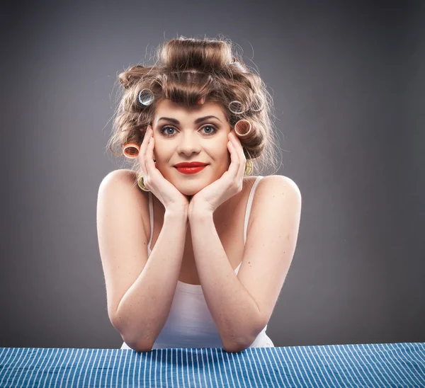 Woman portrait with curler hair — Stock Photo, Image