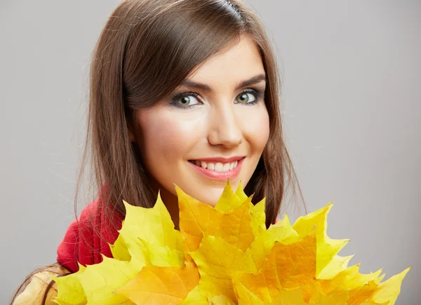 Yellow autumn leaves, close up woman face — Stock Photo, Image