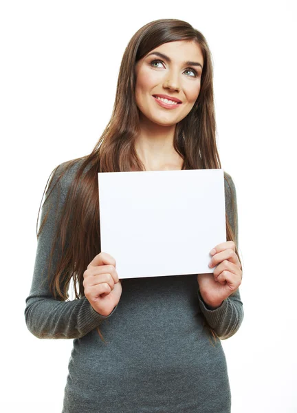 Mladý usmívající se žena nezdolnou prázdné desky — Stock fotografie