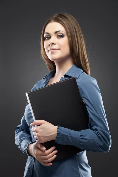 Young female bank employee portrait on gray — Stock Photo, Image