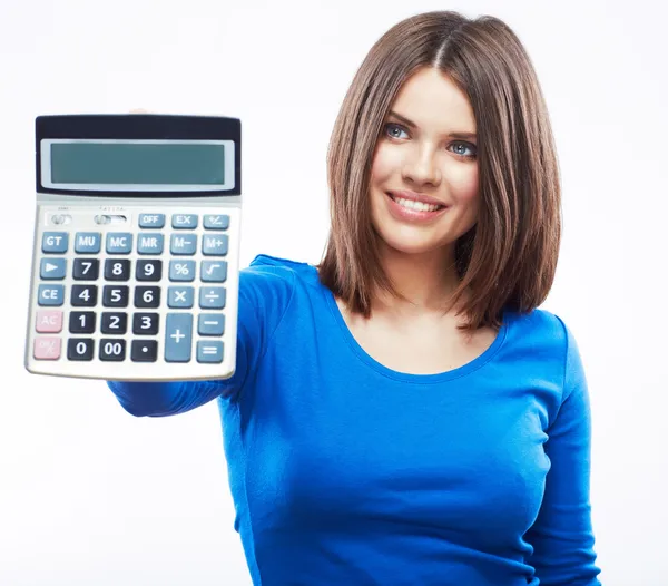 Young woman hold digital calculator. — Stock Photo, Image