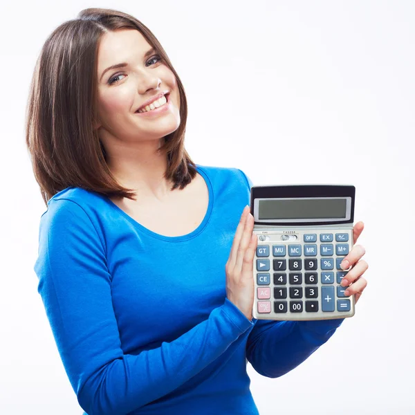 Mujer joven sostiene calculadora digital . — Foto de Stock