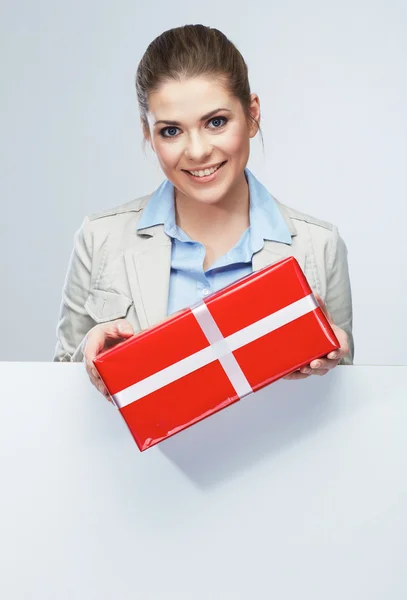 Smiling business woman red gift box hold. — Stock Photo, Image