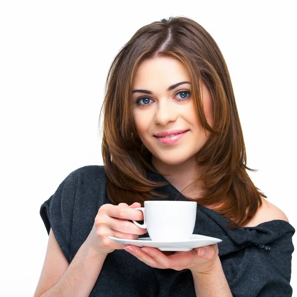 Vrouw met koffie kopje geïsoleerd — Stockfoto
