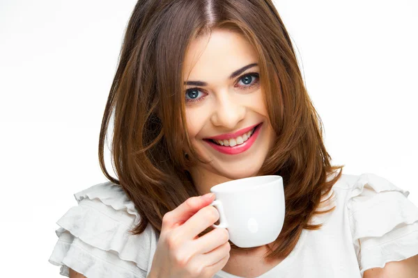 Vrouw met koffie kopje geïsoleerd — Stockfoto