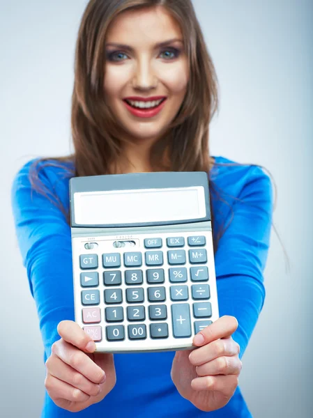 Isolated woman hold count machine. Isolated female portrait. — Stock Photo, Image