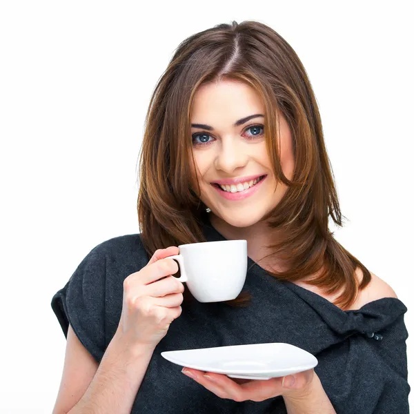 Vrouw met koffie kopje geïsoleerd — Stockfoto