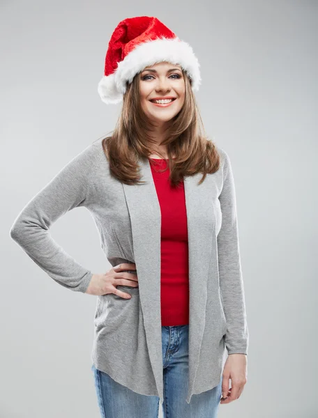 Weihnachten Weihnachtsmann Hut isoliert Frauenporträt. — Stockfoto