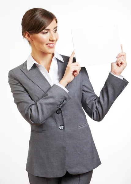 Portrait of smiling business woman with blank board — Stock Photo, Image