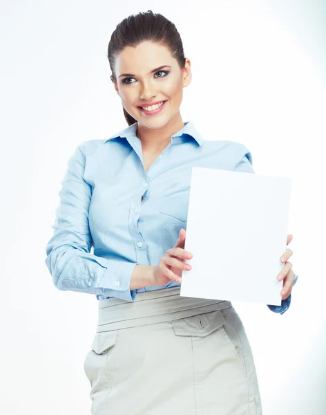 Vrouw houd Witboek banner geïsoleerd op witte achtergrond — Stockfoto