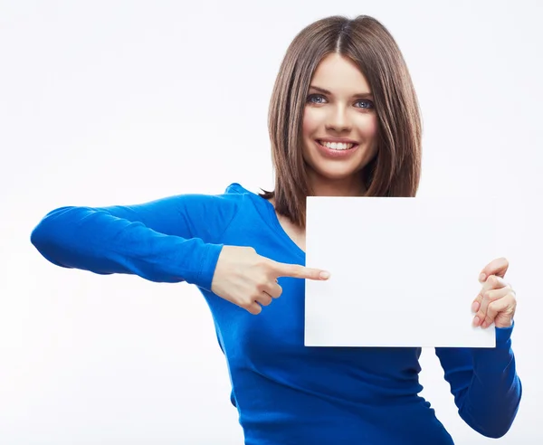 Woman student hold white blanc card — Stock Photo, Image