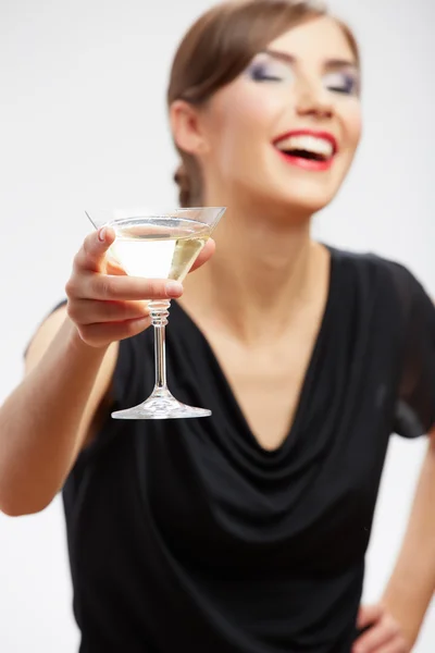 Young happy woman in black dress with glass. Stock Picture