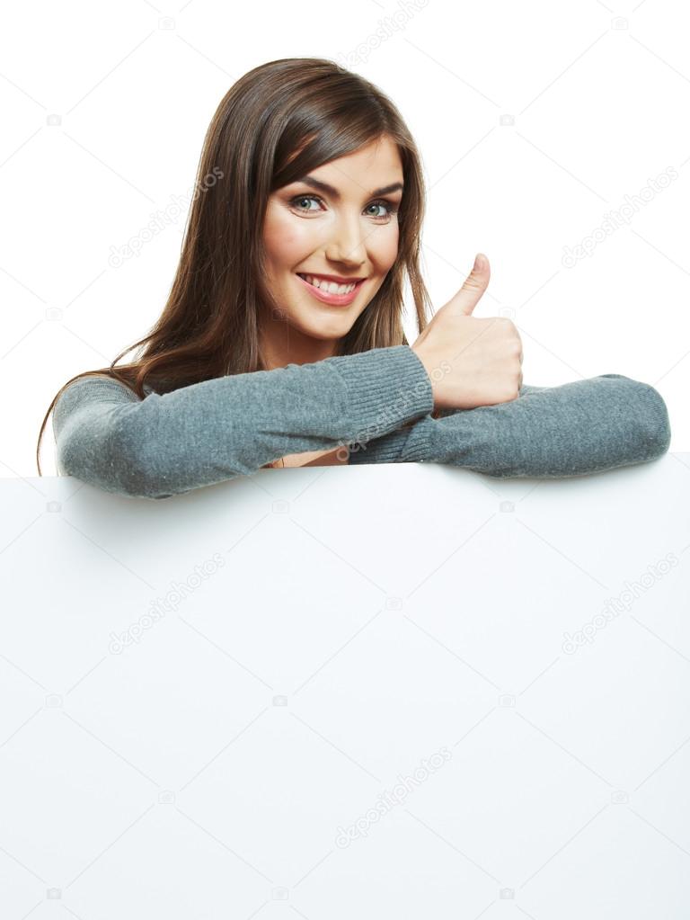 Teenager girl hold white blank paper.