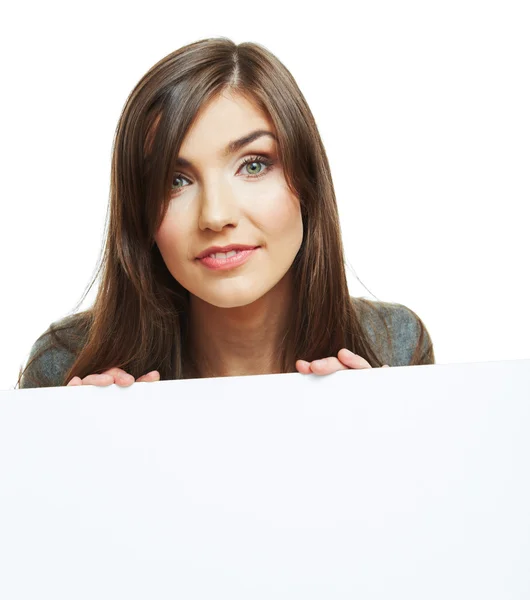 Portrait of young woman with blank white board — Stock Photo, Image