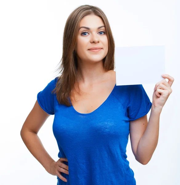 Mujer mostrando letrero en blanco — Foto de Stock