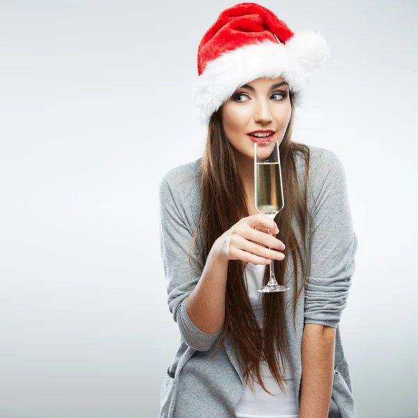 圣诞圣诞老人帽子孤立的女人肖像举行的红酒杯 — 图库照片