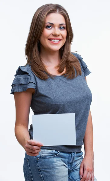 Business woman hold blanc card. — Stock Photo, Image