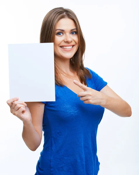 Mulher mostrando placa em branco — Fotografia de Stock